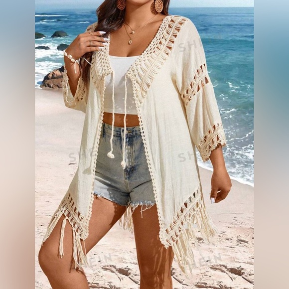 Plus Size Women’s 2X Cream colored Hollow Out Tassel Kimono Cover - Picture 12 of 12
